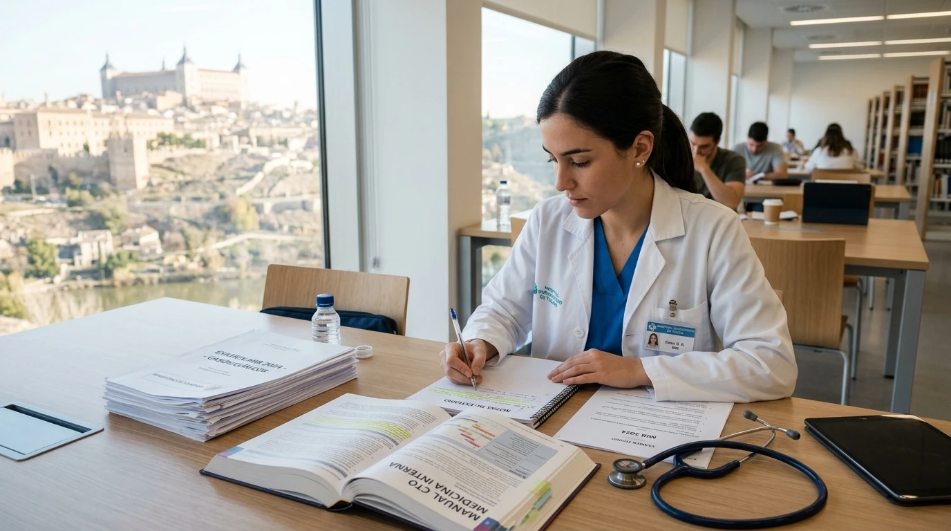 Aspirante sanitaria preparando el examen oficial de oposición del SESCAM en biblioteca